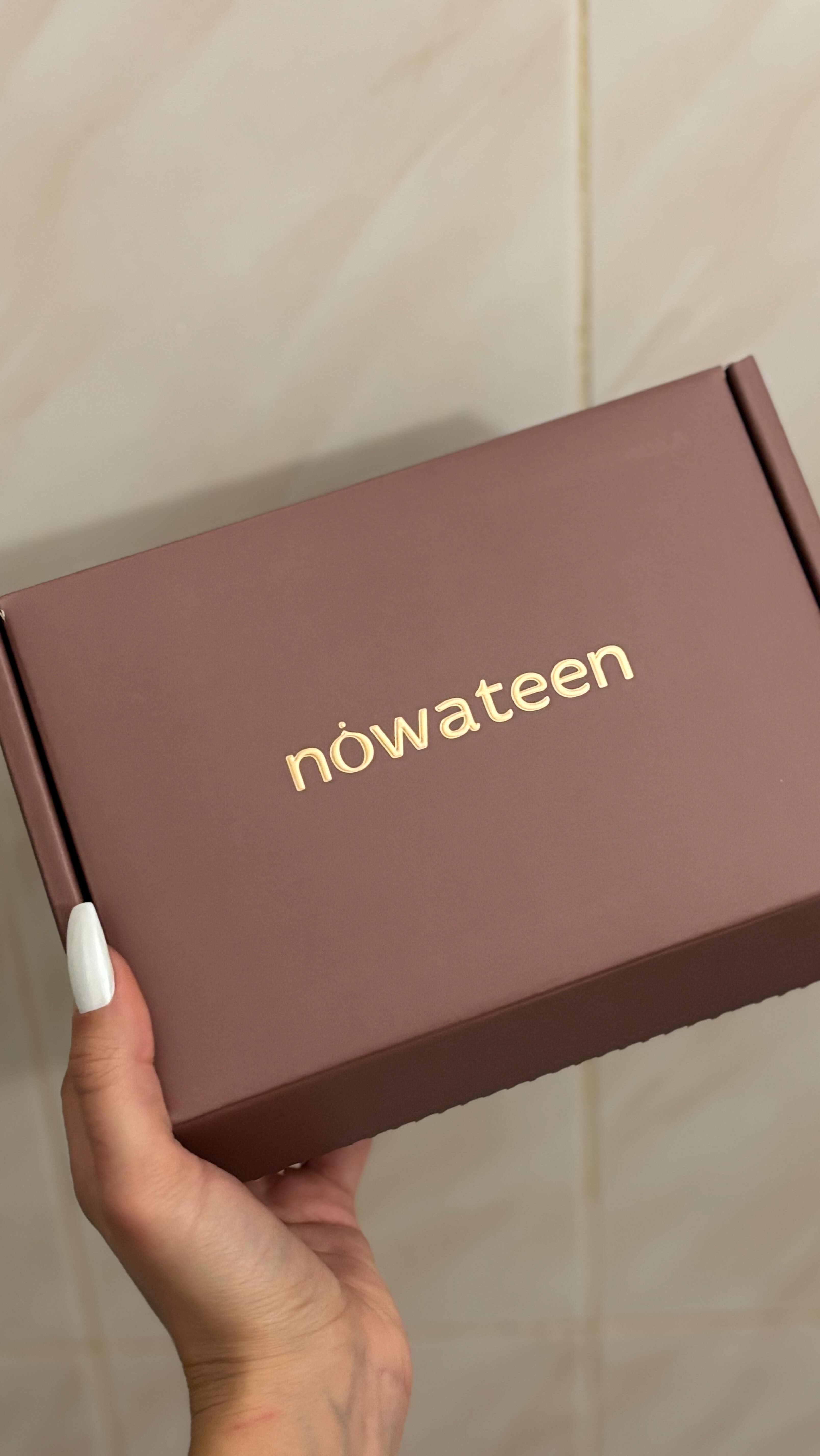 nowateen branded packaging in signature dusty mauve color with gold lettering